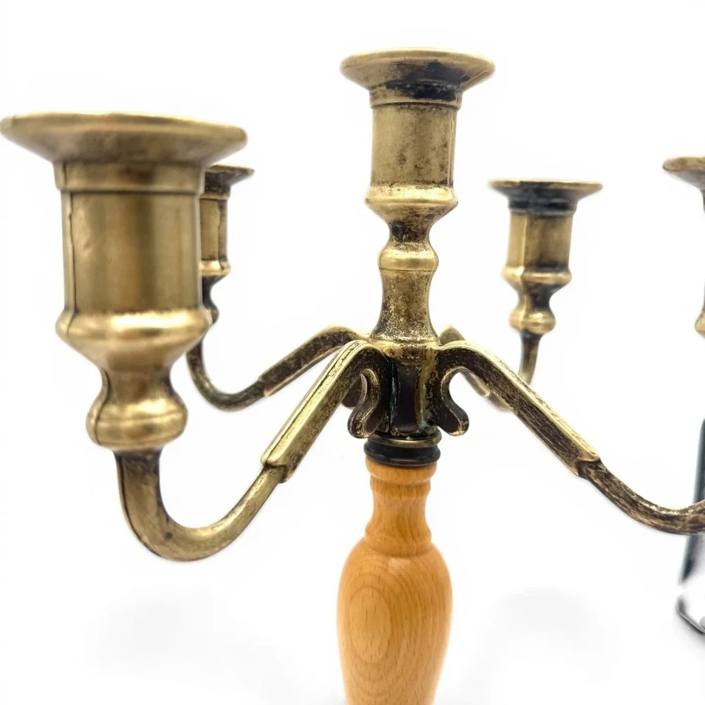 Vintage Italian Brass Wood 5 Arm Candelabra Candle Holder Made in Italy 12